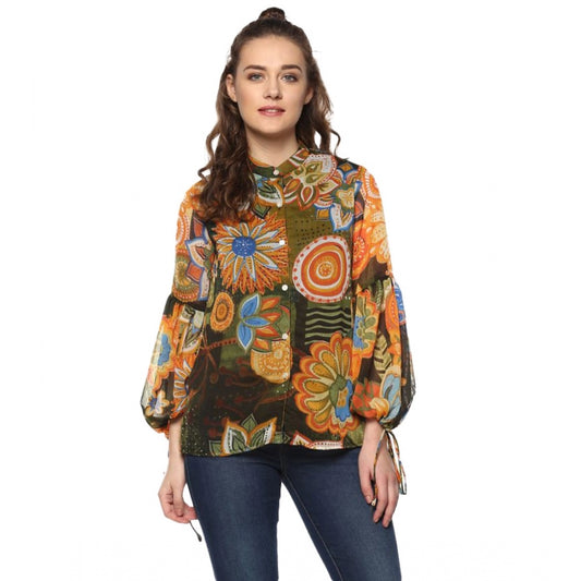 Sophisticated Polyester Floral Balloon Sleeve Top