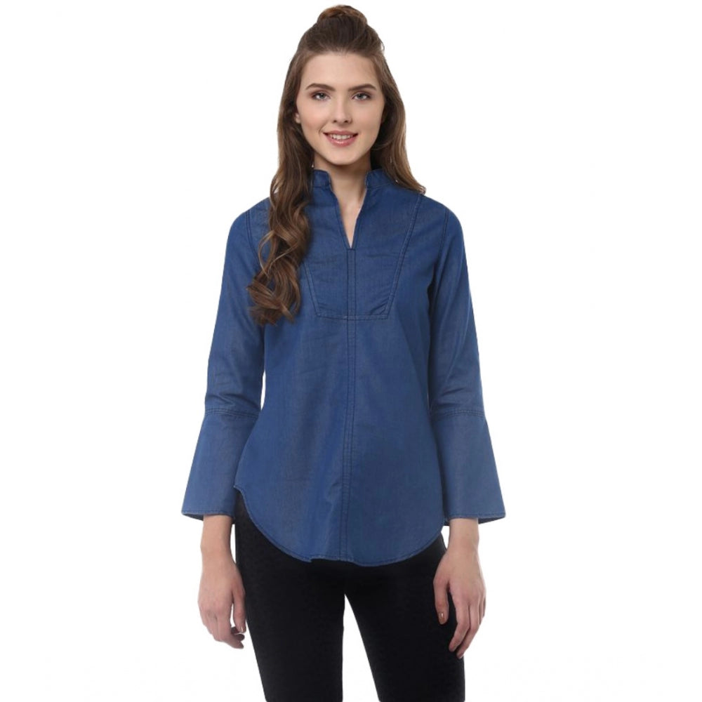 Superb Denim Solid Bell Sleeve Regular Top