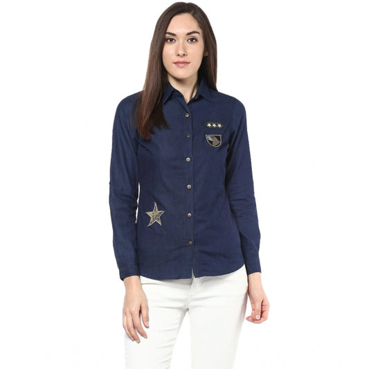 Fabulous Denim Patch Work Long Sleeves Standard Length Shirt