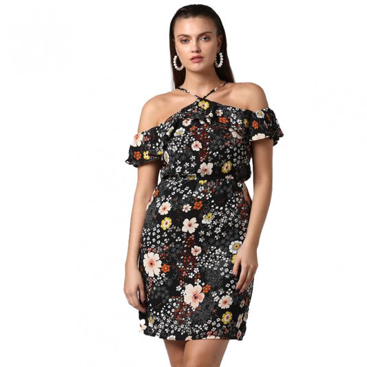 Sophisticated Polyester Floral Cold Shoulder Above Knee Dress