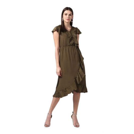 Luxurious Polyester Ruffled Cap Sleeve Knee Length Dress