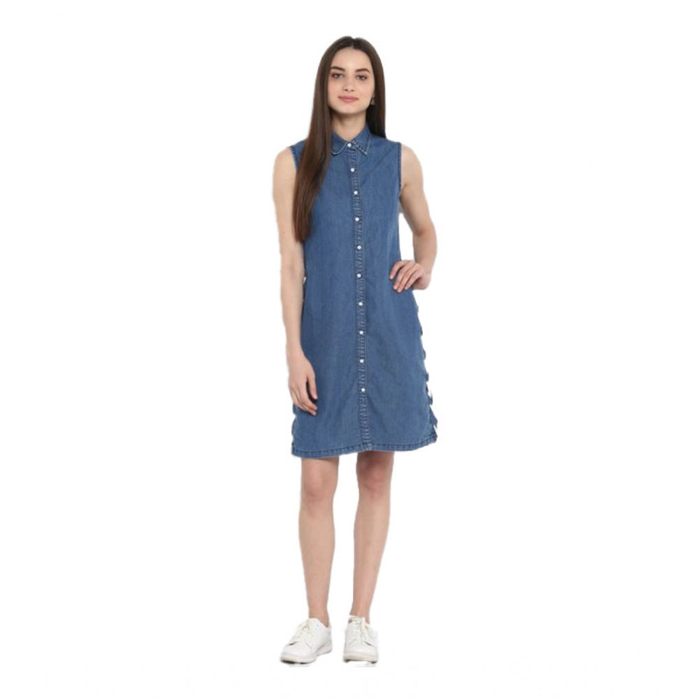 Glorious Denim Solid Sleeveless Above Knee Dress