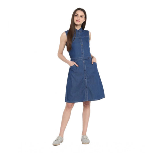 Glorious Denim Solid Sleeveless Above Knee Dress