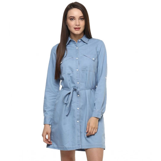 Glorious Denim Solid Long Sleeves Above Knee Dress