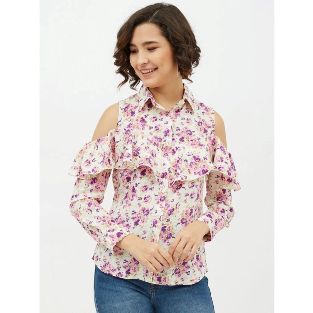 Sophisticated Polyester Floral Cold Shoulder Standard Length Shirt