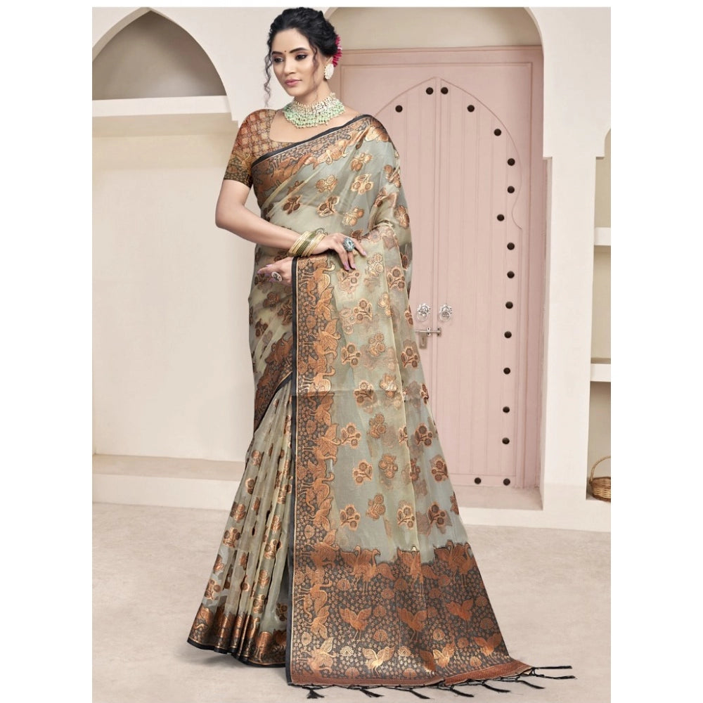 Urbane Organza Woven Design Saree With Blouse Piece