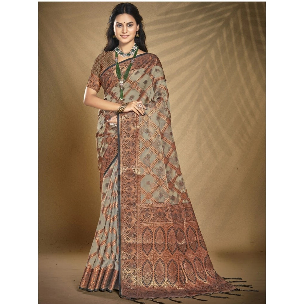 Urbane Organza Woven Design Saree With Blouse Piece