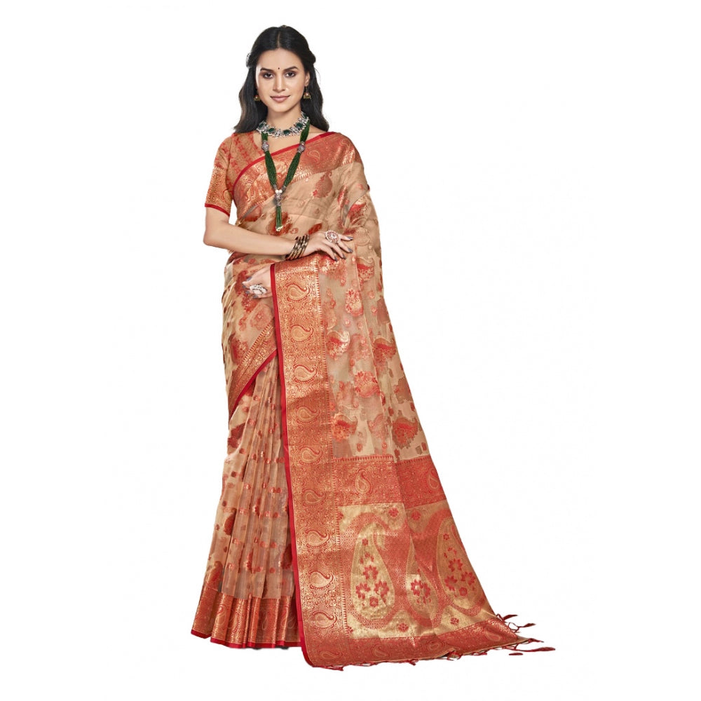 Feminine Organza Woven Design Saree With Blouse Piece