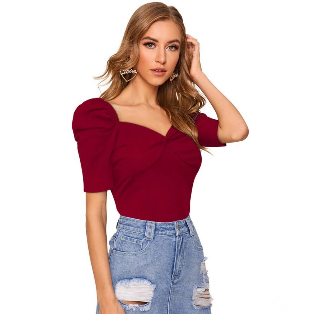 Glamorous Women's Polyester Solid Puff Short Sleeves Sweetheart Neck Top