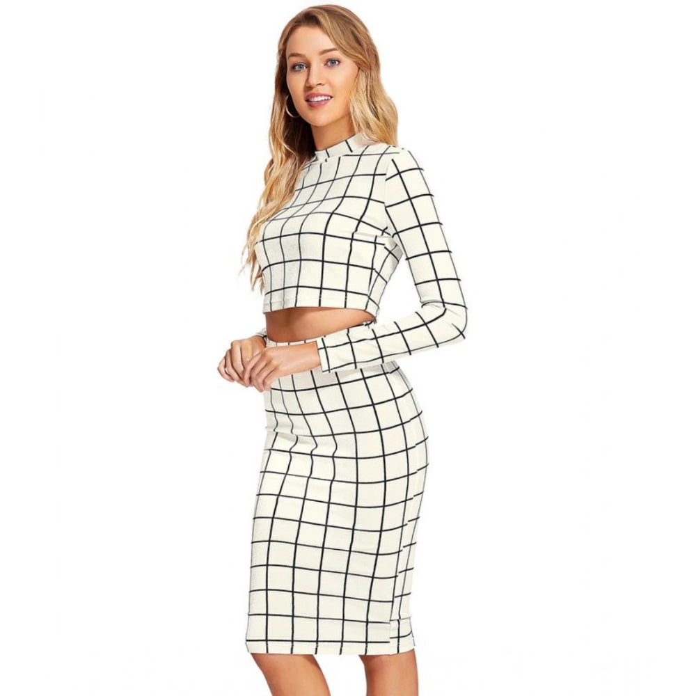 Comfy Women's Polyester Checkered Full Sleeves Stand Collar Crop Top Skirt Set