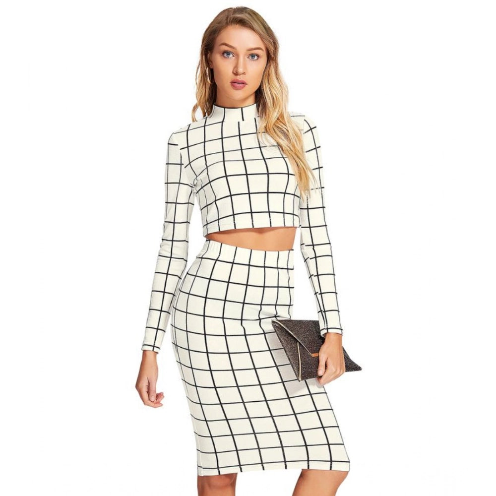 Comfy Women's Polyester Checkered Full Sleeves Stand Collar Crop Top Skirt Set