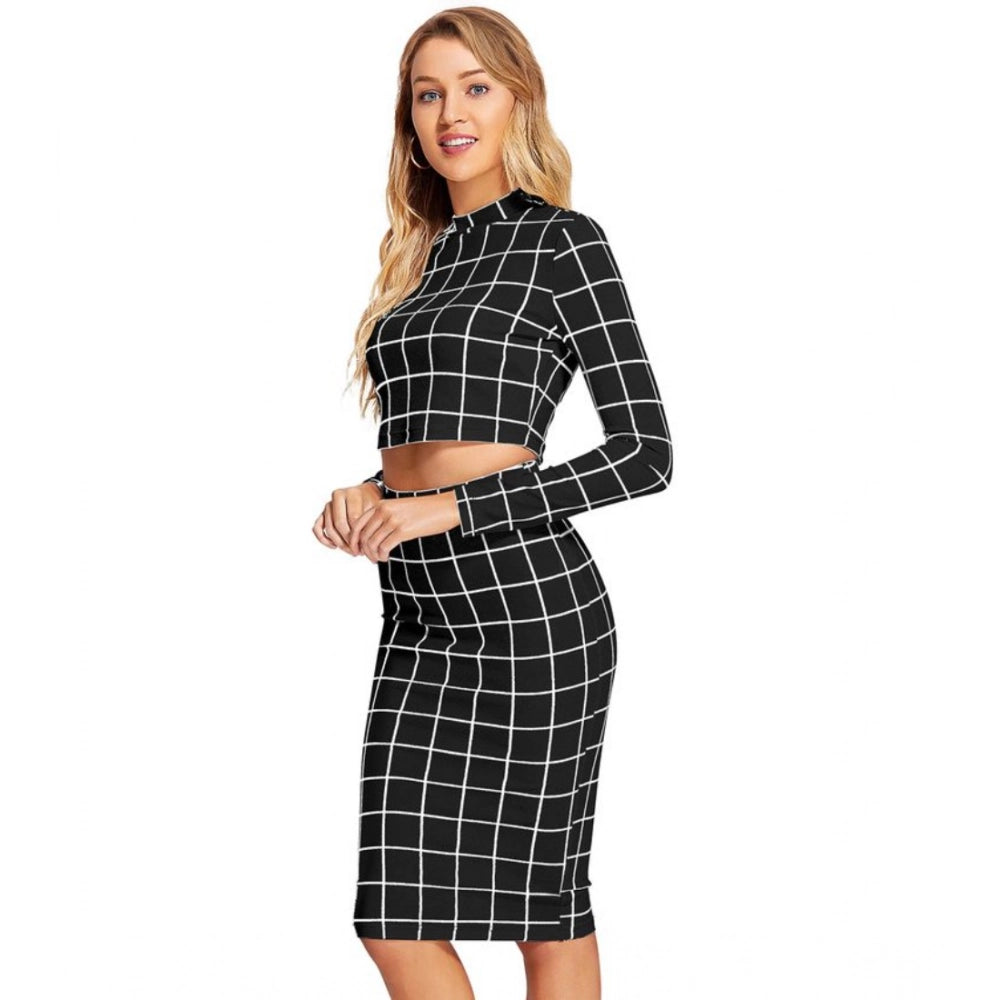 Comfy Women's Polyester Checkered Full Sleeves Stand Collar Crop Top Skirt Set