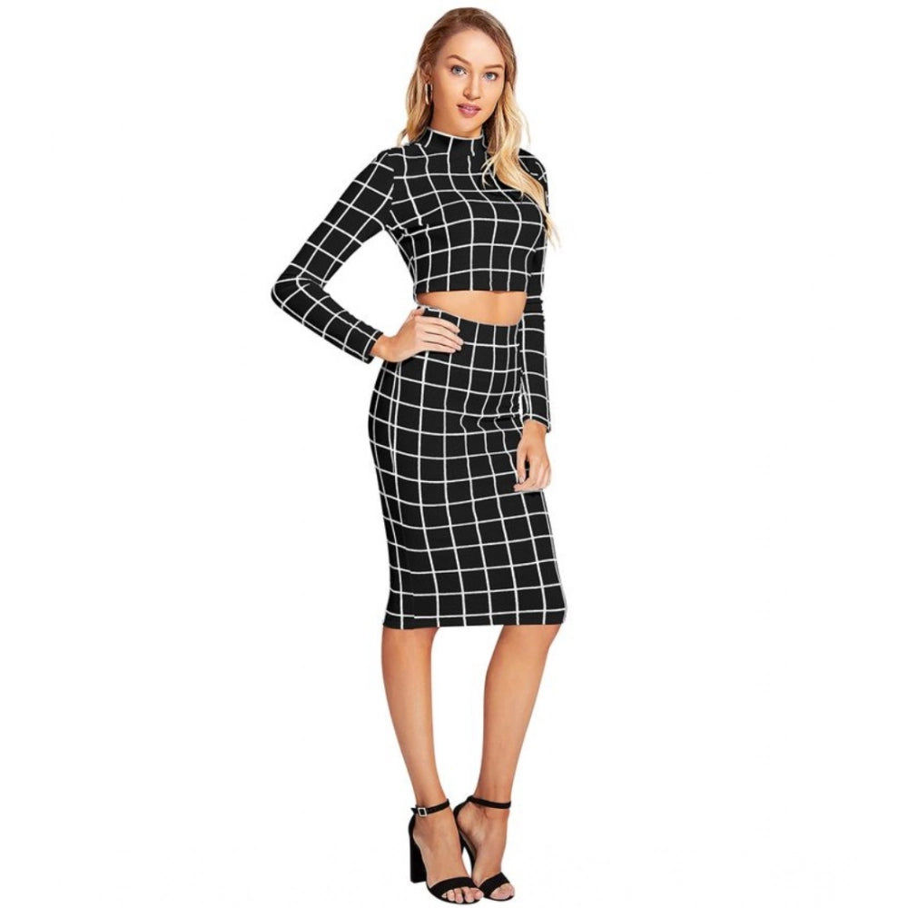 Comfy Women's Polyester Checkered Full Sleeves Stand Collar Crop Top Skirt Set