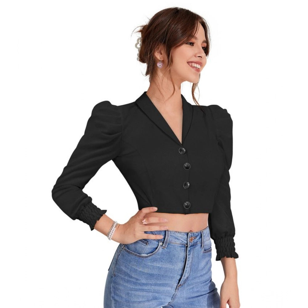 Jaunty Women's Polyester Solid Puff Sleeves Lapel Collar Top