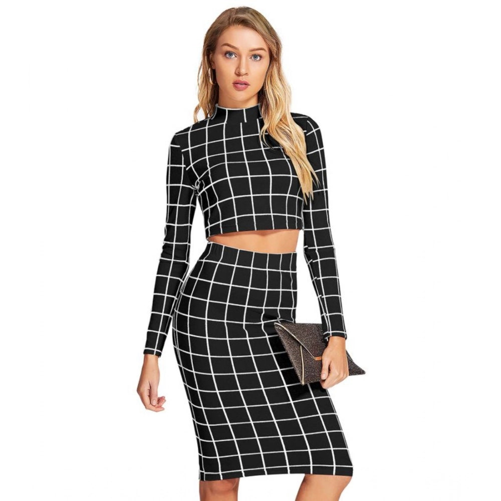 Comfy Women's Polyester Checkered Full Sleeves Stand Collar Crop Top Skirt Set