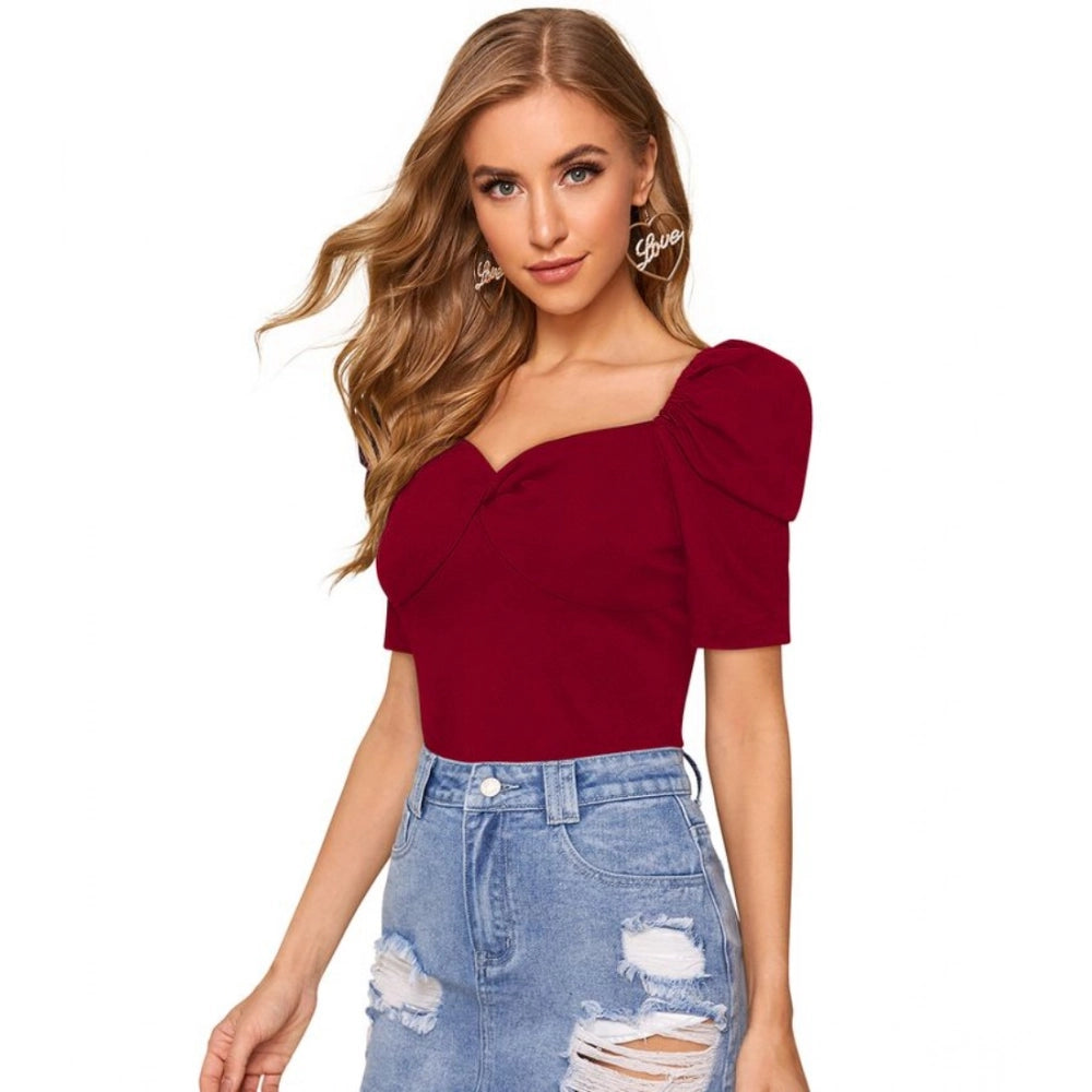 Glamorous Women's Polyester Solid Puff Short Sleeves Sweetheart Neck Top