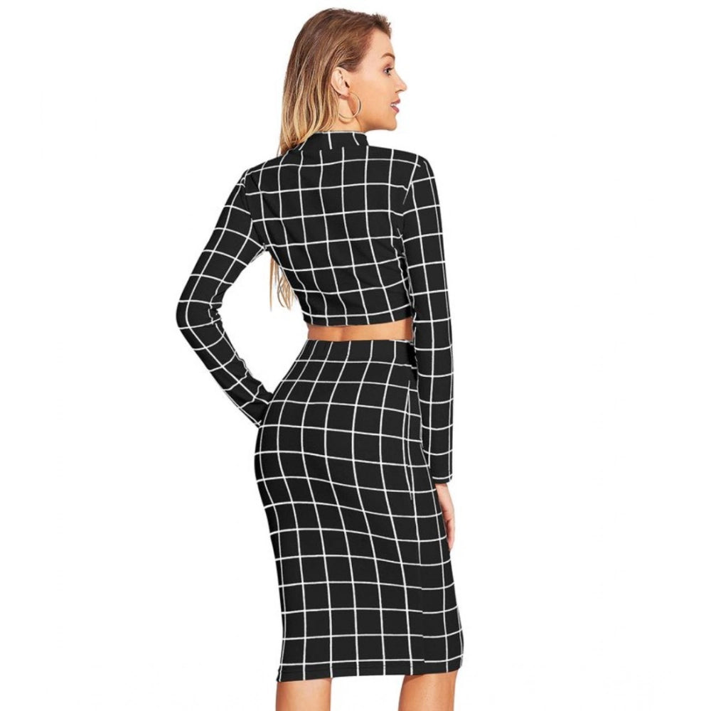 Comfy Women's Polyester Checkered Full Sleeves Stand Collar Crop Top Skirt Set