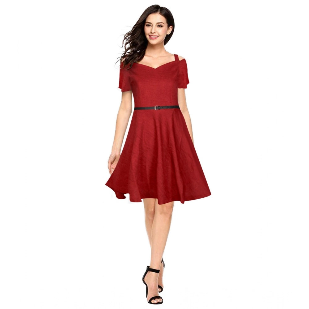 Feminine Women's Polyster Solid V Neck Cap Sleeve Dress