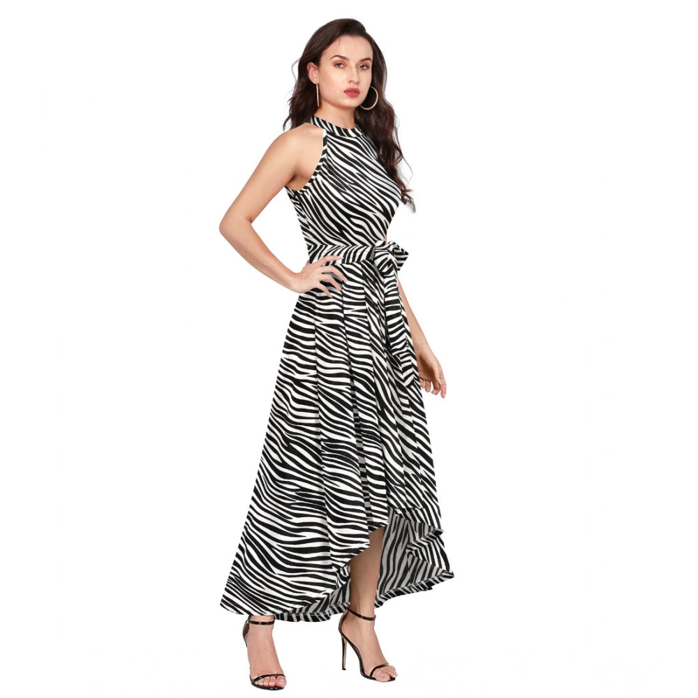 Unique Women's Polyster Zebra Pattern Helter Neck Sleeveless Dress