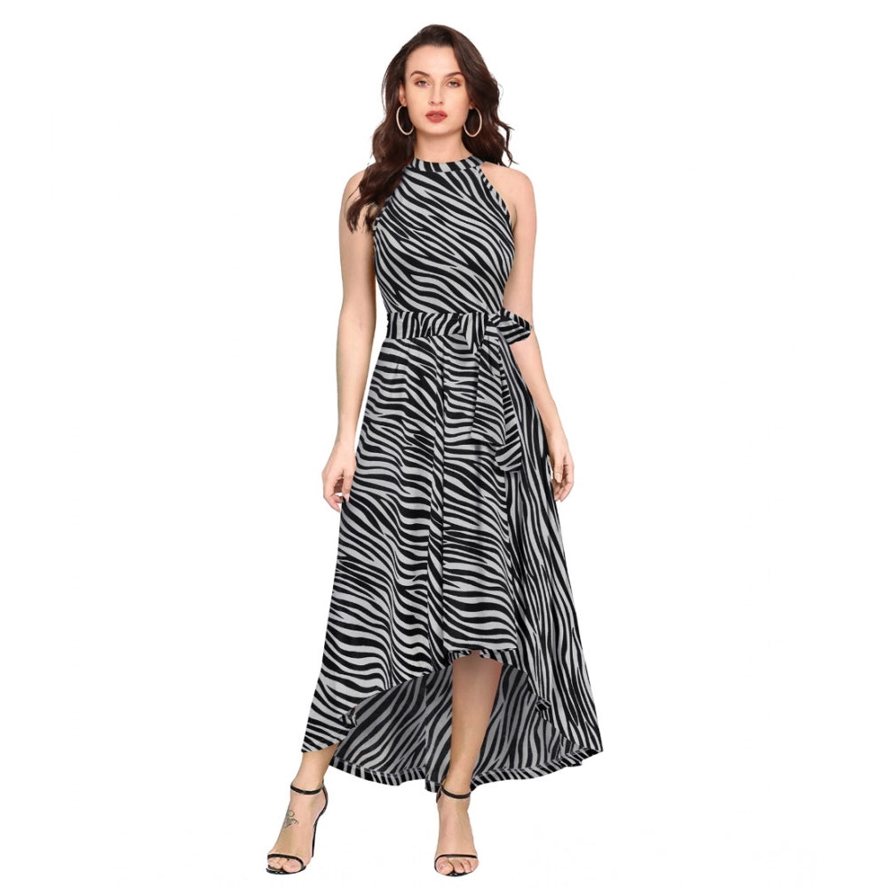 Unique Women's Polyster Zebra Pattern Helter Neck Sleeveless Dress