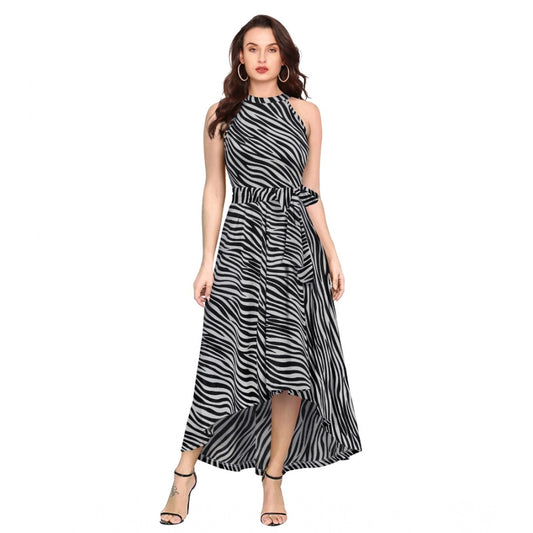 Unique Women's Polyster Zebra Pattern Helter Neck Sleeveless Dress