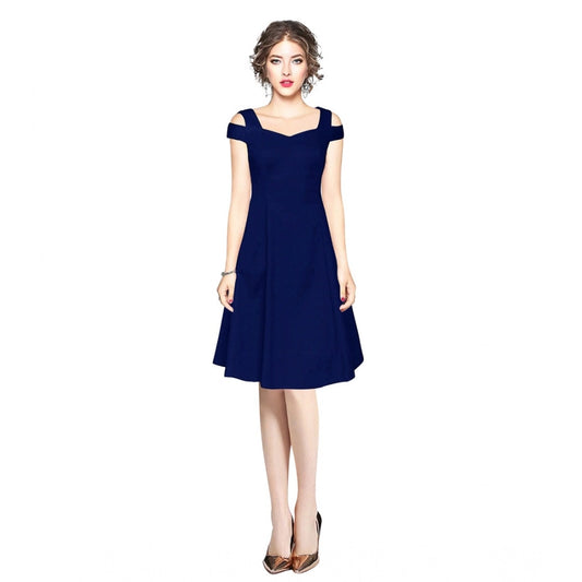 Feminine Women's Polyster Solid V Neck Cap Sleeve off Sholder Dress