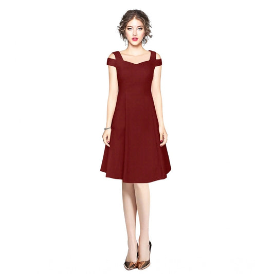 Feminine Women's Polyster Solid V Neck Cap Sleeve off Sholder Dress