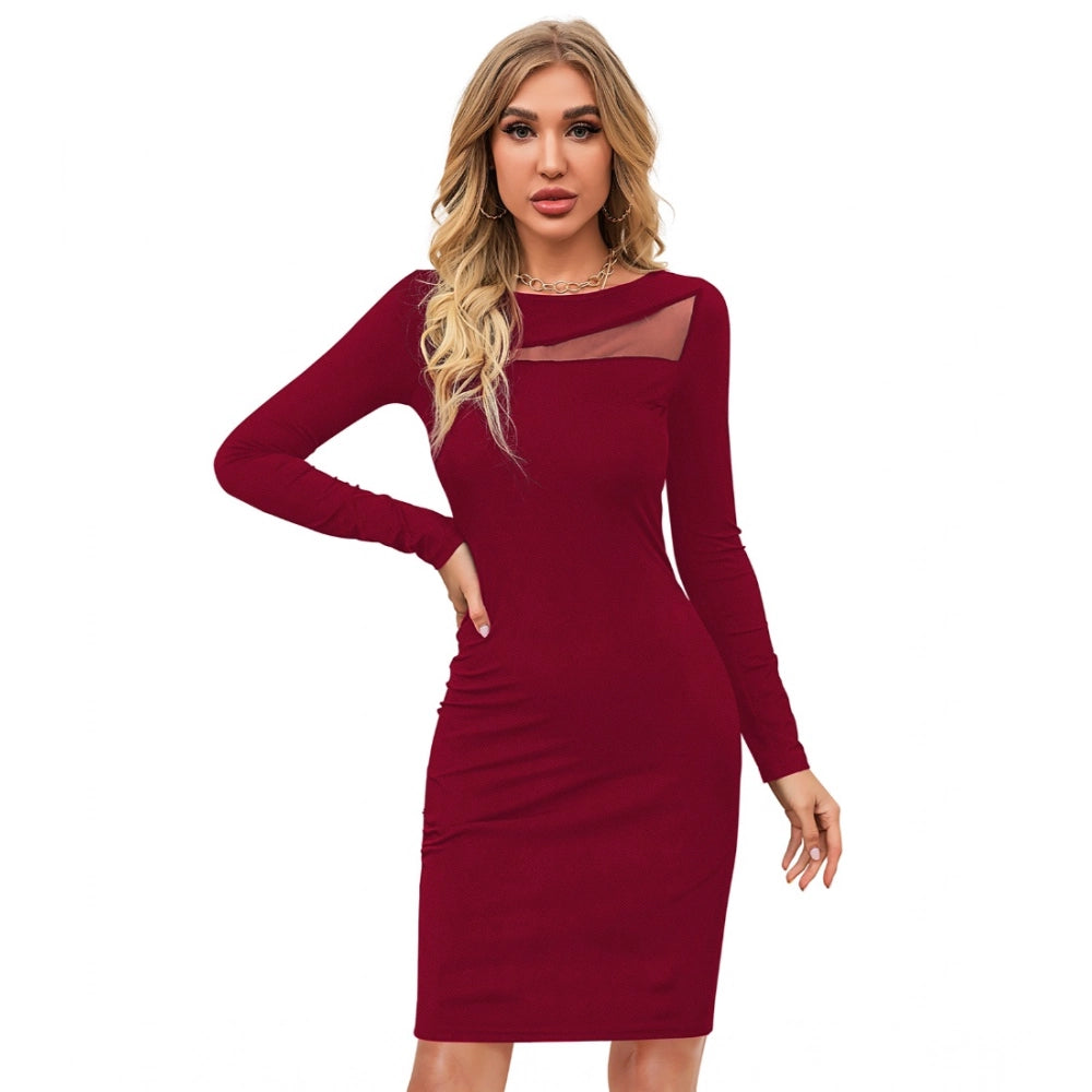 Retro Women's Knitting strachable Solid Round Neck Full Sleeve Dress