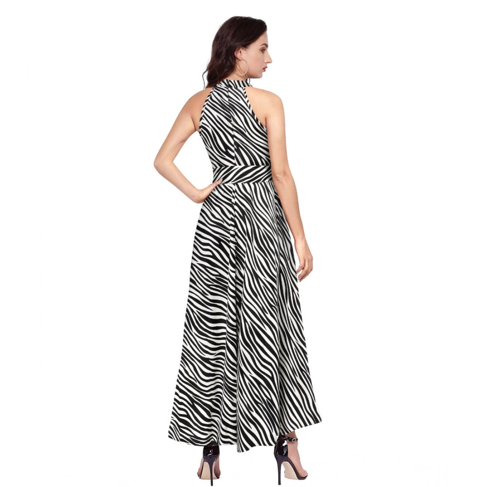 Unique Women's Polyster Zebra Pattern Helter Neck Sleeveless Dress