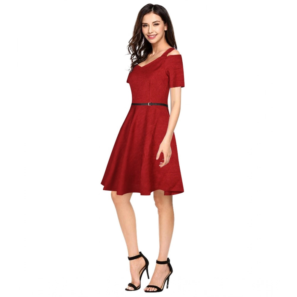 Feminine Women's Polyster Solid V Neck Cap Sleeve Dress