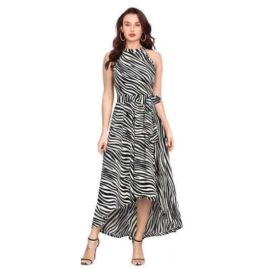 Unique Women's Polyster Zebra Pattern Helter Neck Sleeveless Dress