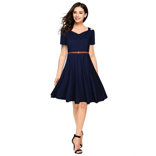 Feminine Women's Polyster Solid V Neck Cap Sleeve Dress