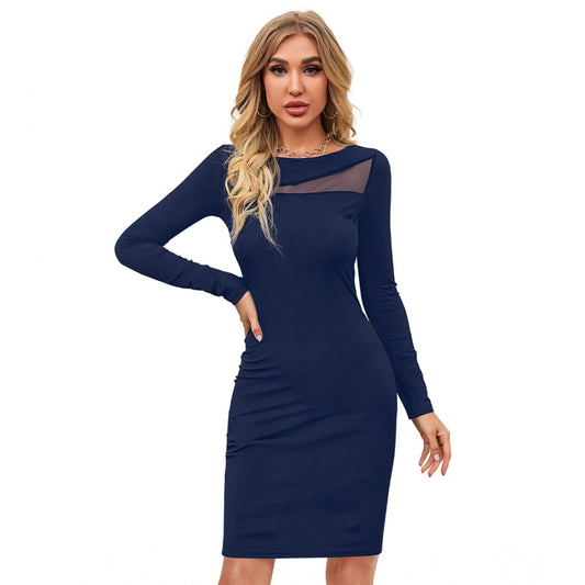 Retro Women's Knitting strachable Solid Round Neck Full Sleeve Dress