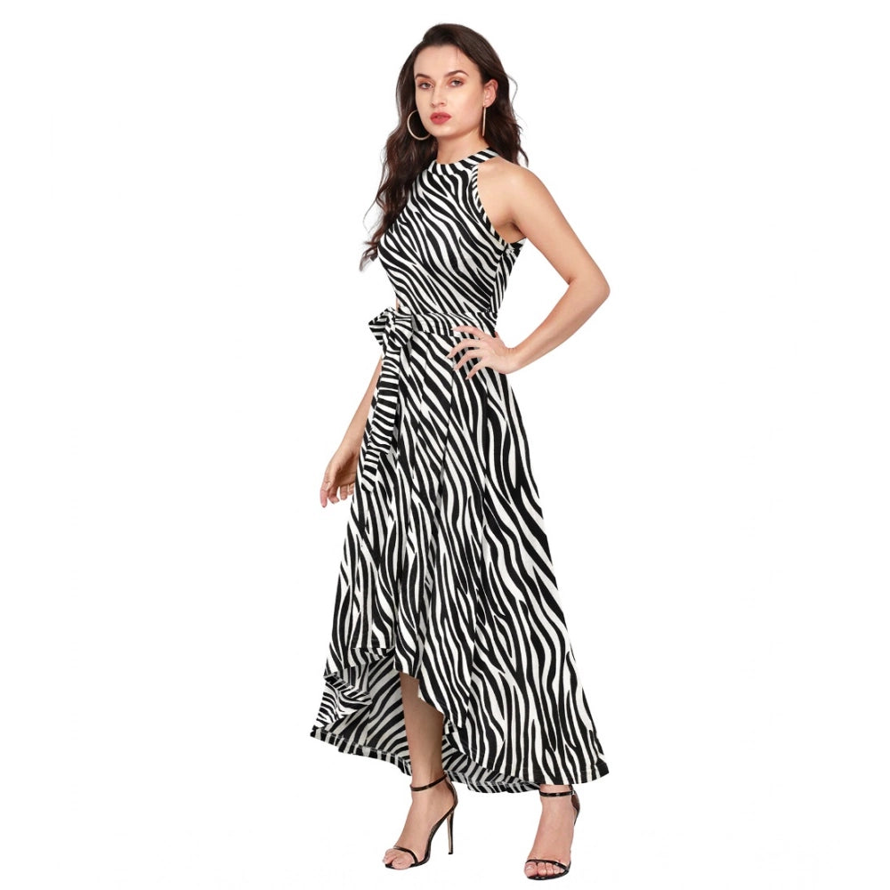 Unique Women's Polyster Zebra Pattern Helter Neck Sleeveless Dress