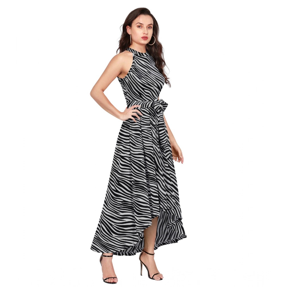 Unique Women's Polyster Zebra Pattern Helter Neck Sleeveless Dress