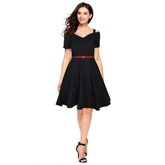 Feminine Women's Polyster Solid V Neck Cap Sleeve Dress