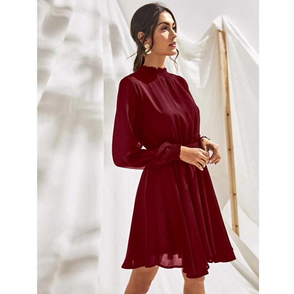 Unique Women's Fox Georgette Solid High Neck Full Sleeve Dress