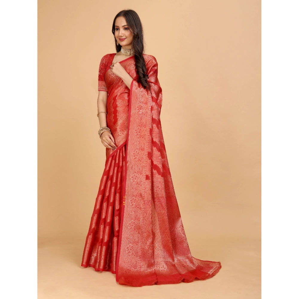 Stunning Women's Organza Woven Saree With Blouse Piece