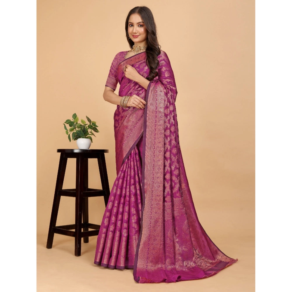 Stunning Women's Organza Woven Saree With Blouse Piece