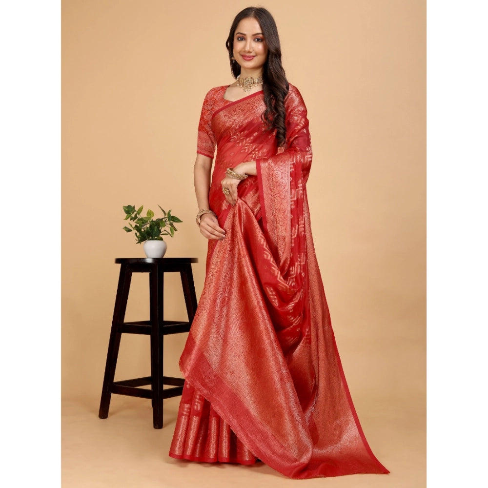 Stunning Women's Organza Woven Saree With Blouse Piece