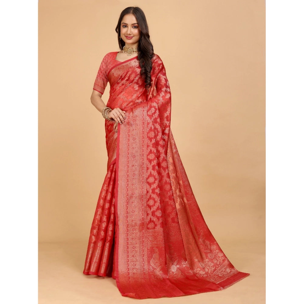 Stunning Women's Organza Woven Saree With Blouse Piece