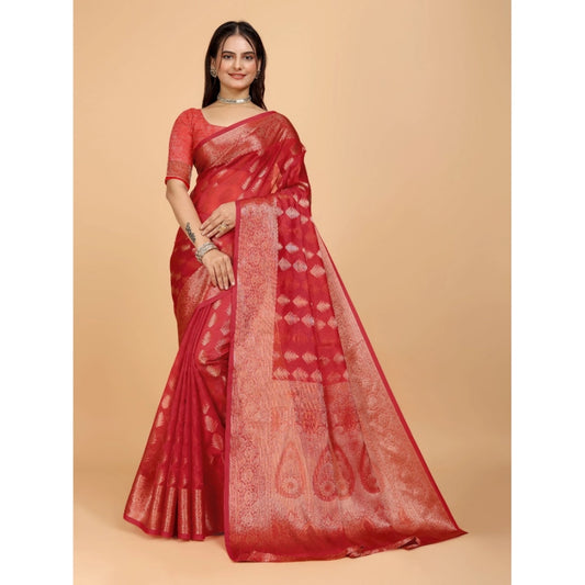 Stunning Women's Organza Woven Saree With Blouse Piece