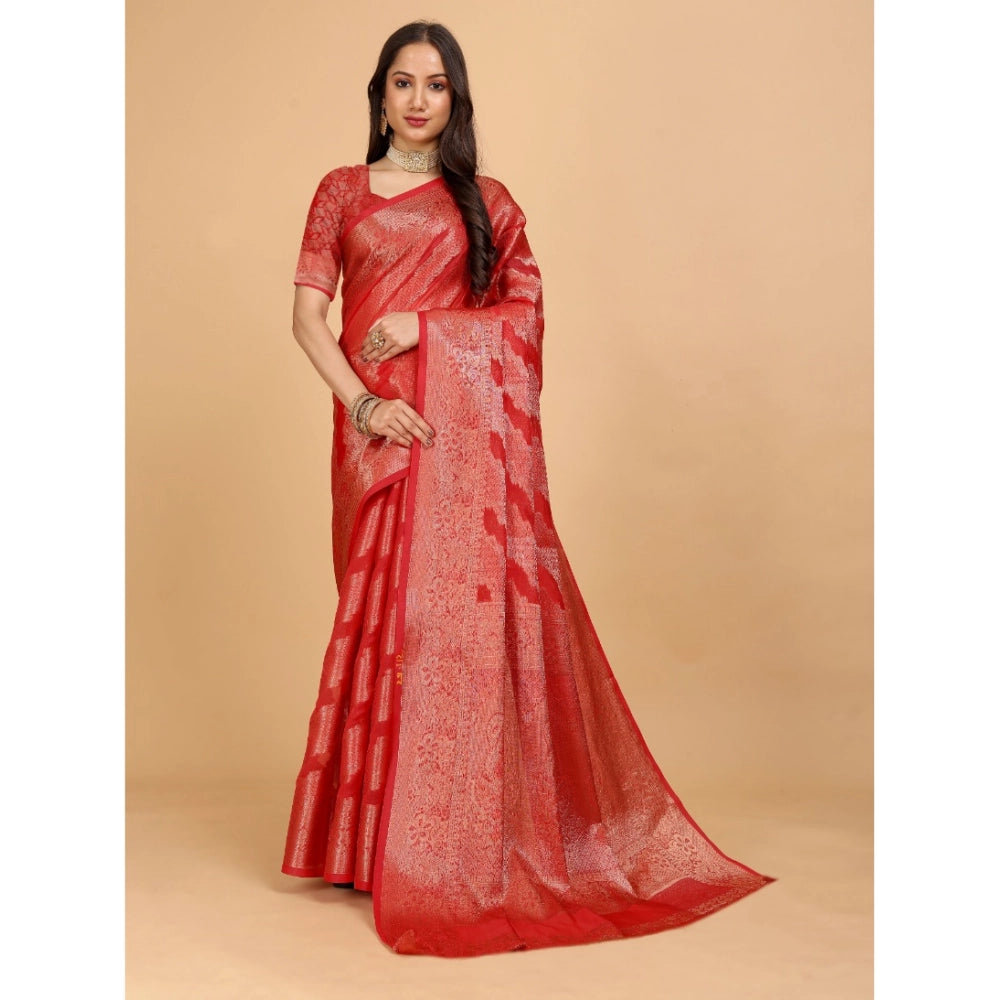 Stunning Women's Organza Woven Saree With Blouse Piece