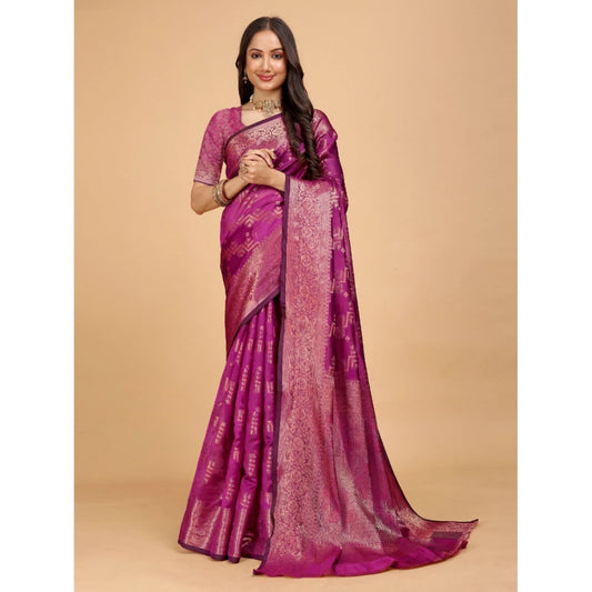 Stunning Women's Organza Woven Saree With Blouse Piece