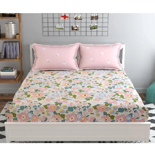 Versatile Cotton Blended Printed King Size Elastic Fitted Bedsheet with 2 Pillow Covers