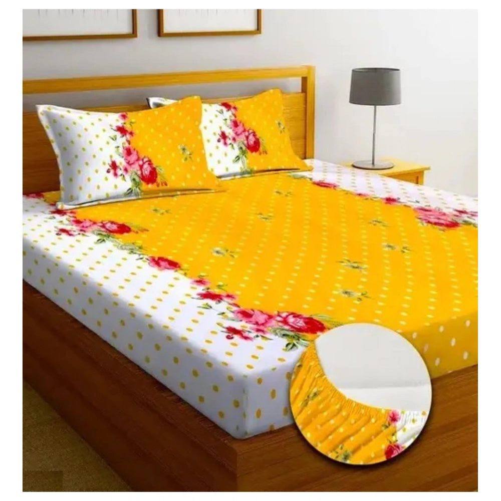 Ravishing Cotton Blended Floral Printed King Size Elastic Fitted Bedsheet with 2 Pillow Covers