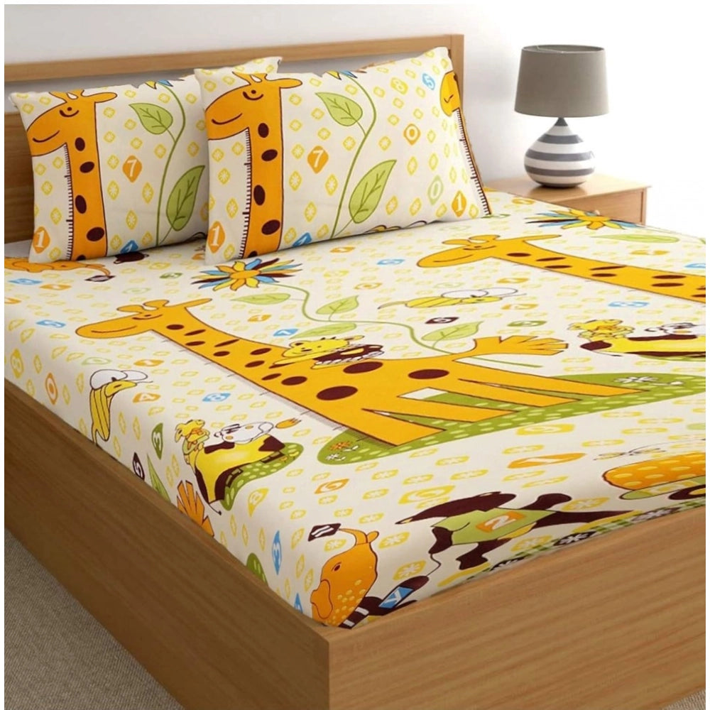 Versatile Cotton Blended Printed King Size Elastic Fitted Bedsheet with 2 Pillow Covers