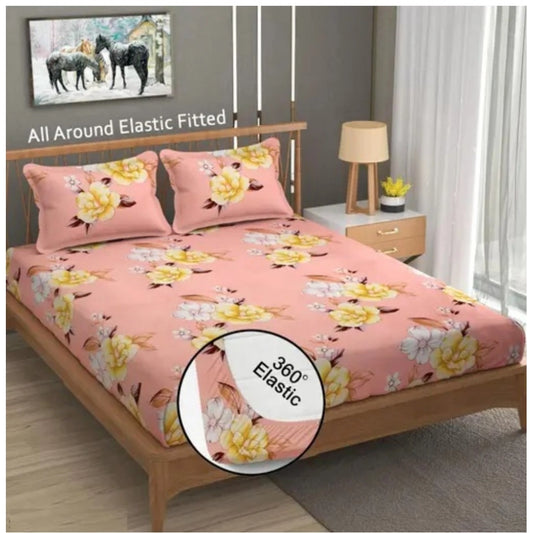 Ravishing Cotton Blended Floral Printed King Size Elastic Fitted Bedsheet with 2 Pillow Covers