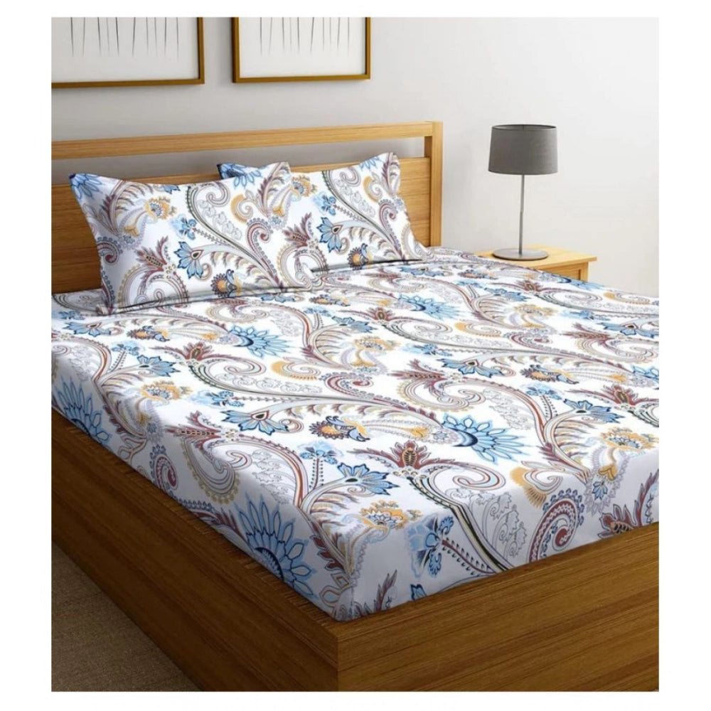 Ravishing Cotton Blended Floral Printed King Size Elastic Fitted Bedsheet with 2 Pillow Covers