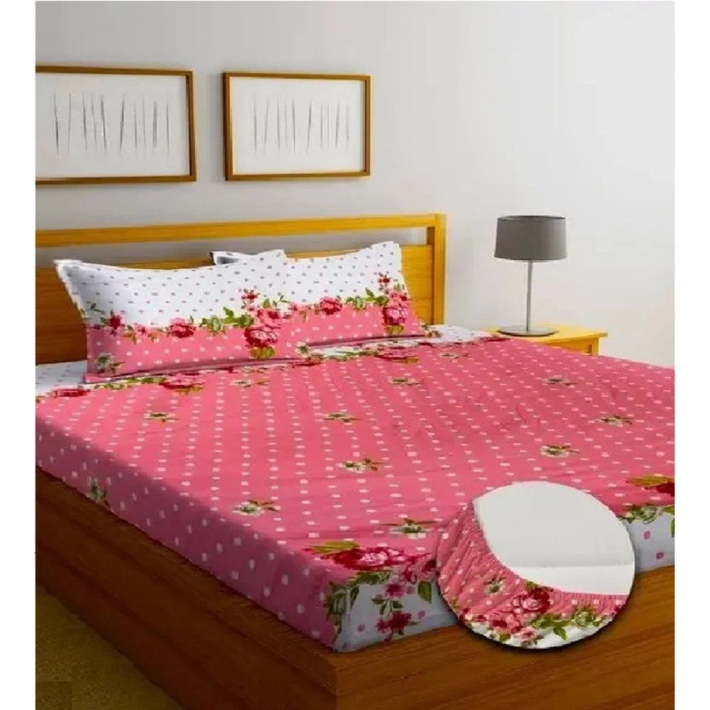 Ravishing Cotton Blended Floral Printed King Size Elastic Fitted Bedsheet with 2 Pillow Covers